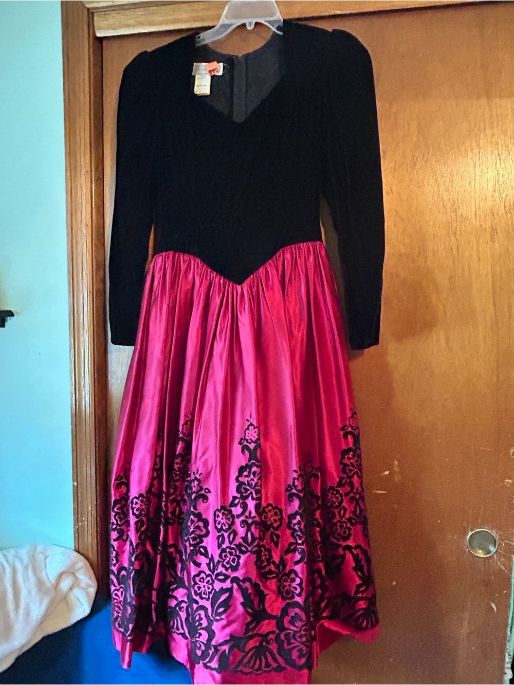 Vintage Classic Formal Dress black velvet and burgundy satin embossed skirt.